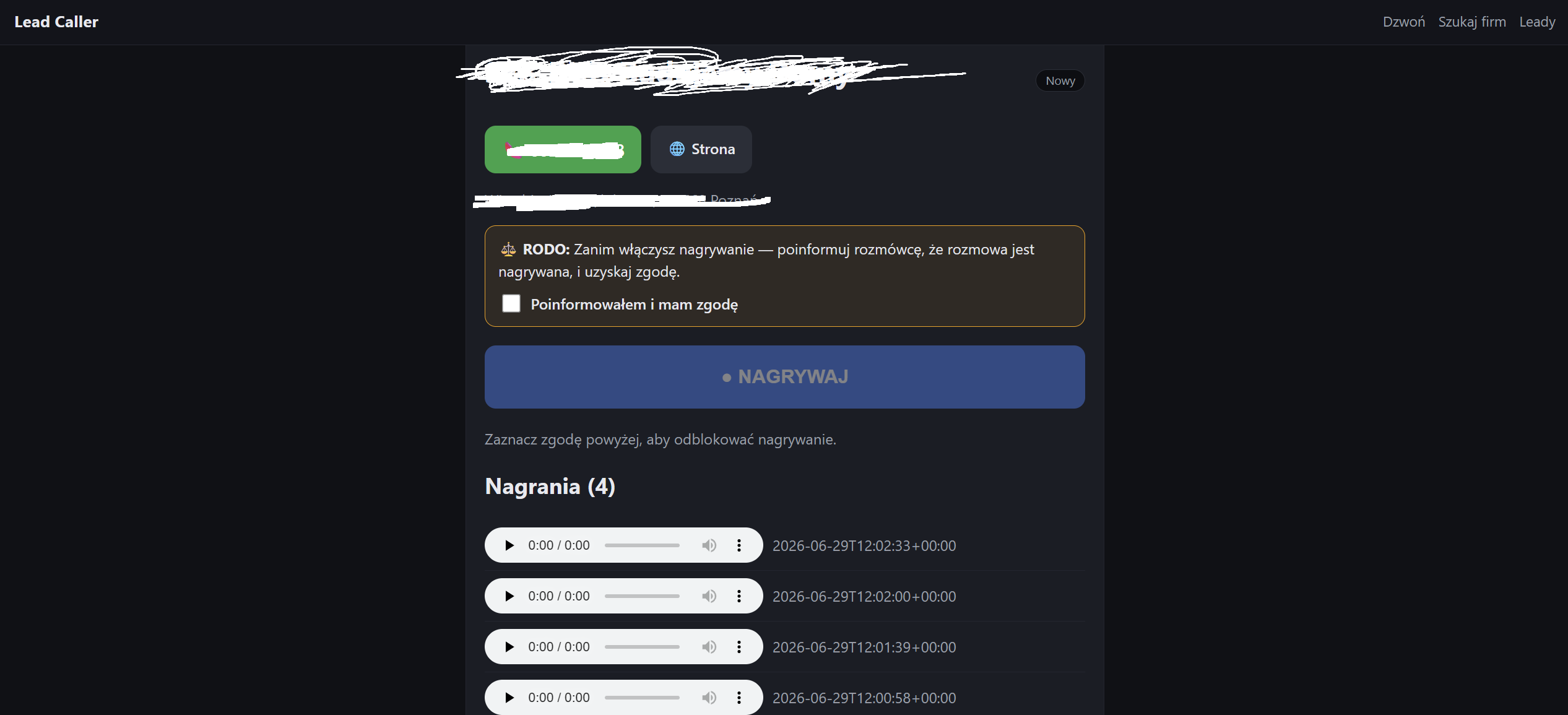 Ekran dzwonienia w Lead Caller z bramką zgody RODO blokującą przycisk NAGRYWAJ