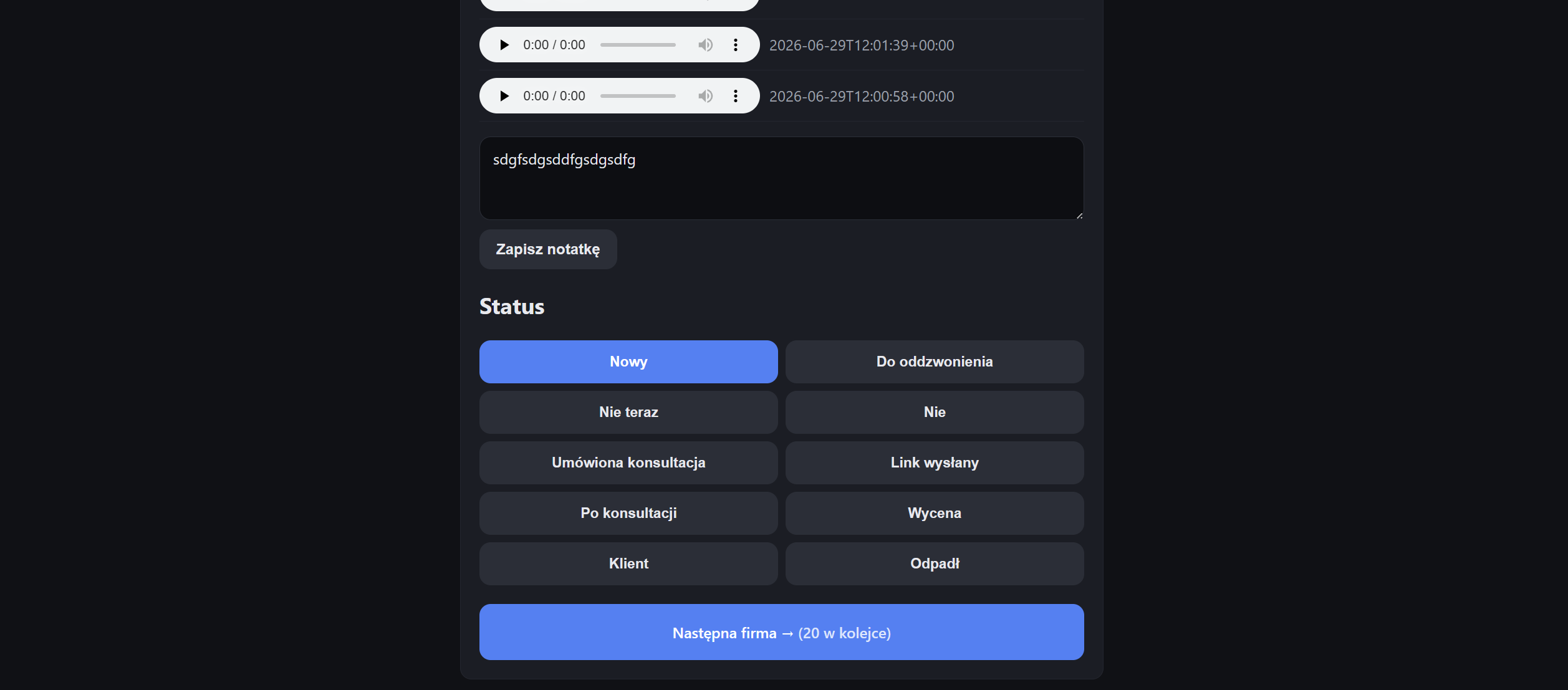 Ekran statusów leada w aplikacji Lead Caller — lejek od NOWY do KLIENT/ODPADŁ