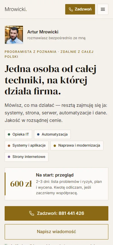 Strona arturmrowicki.pl na telefonie