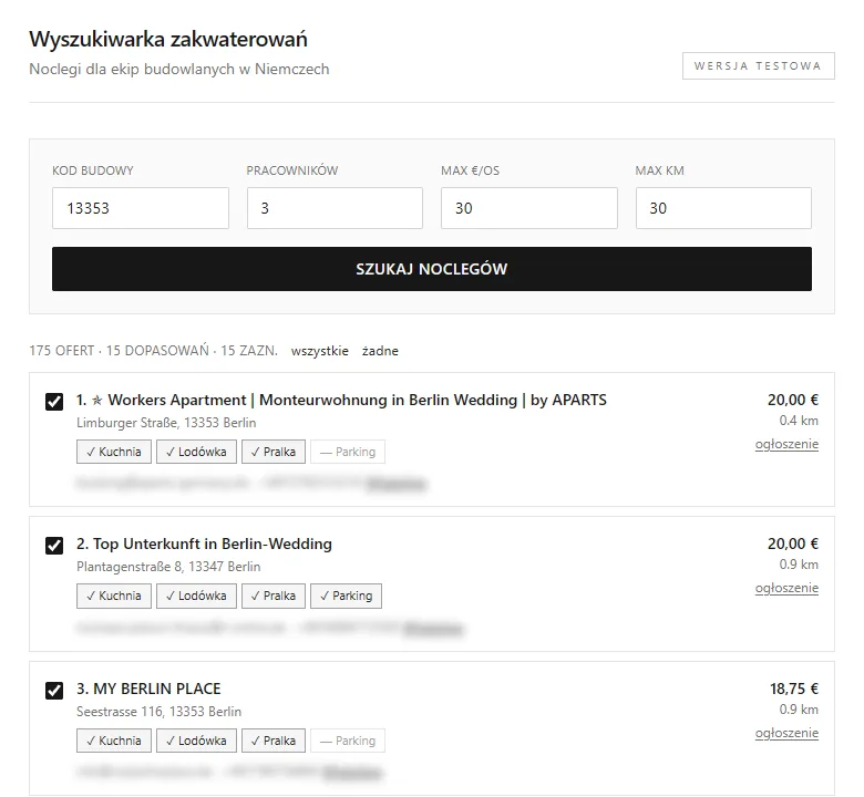 Prototyp wyszukiwarki kwater: formularz z kodem pocztowym budowy i lista najbliższych noclegów z ceną, odległością i udogodnieniami